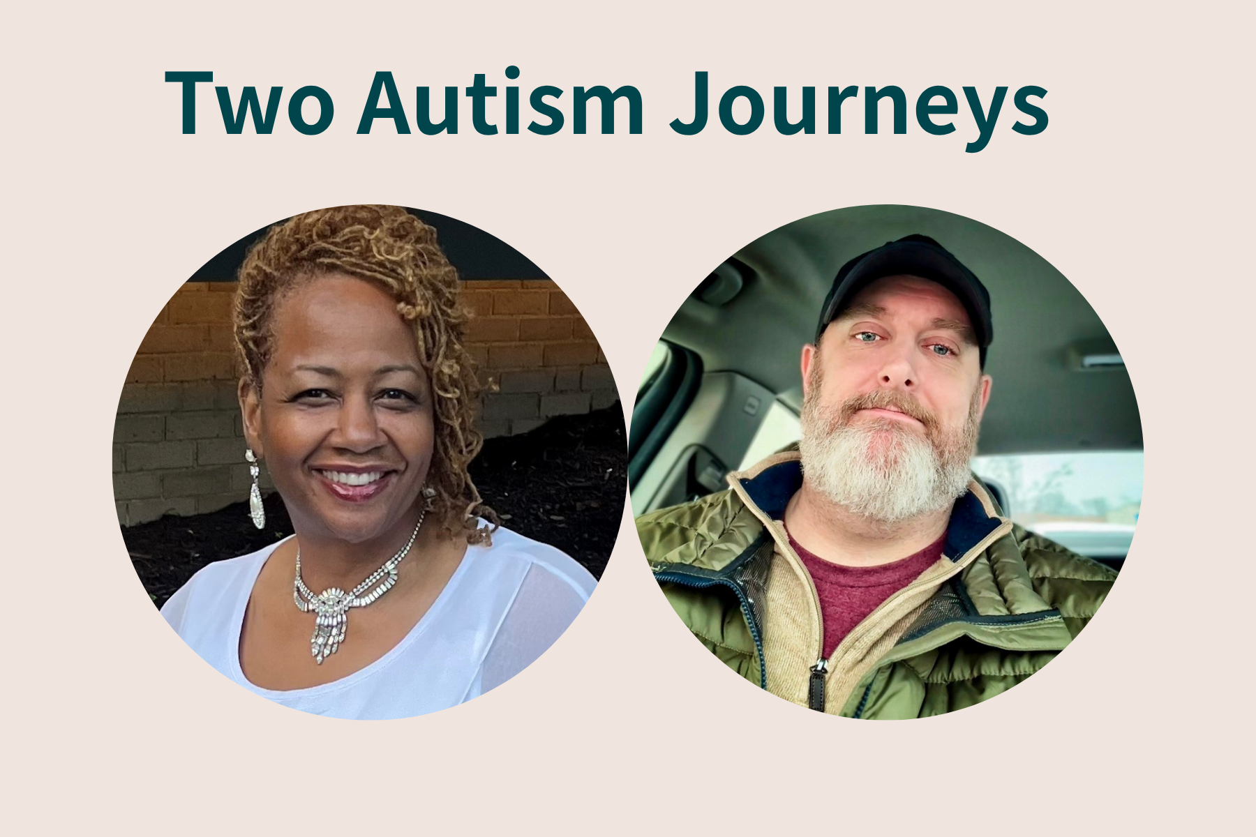 Two individuals featured for their Autism journey, shown in circular portraits on a light background.